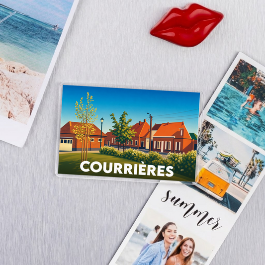 Magnet souvenir de la ville de Courrières avec une illustration stylisée.