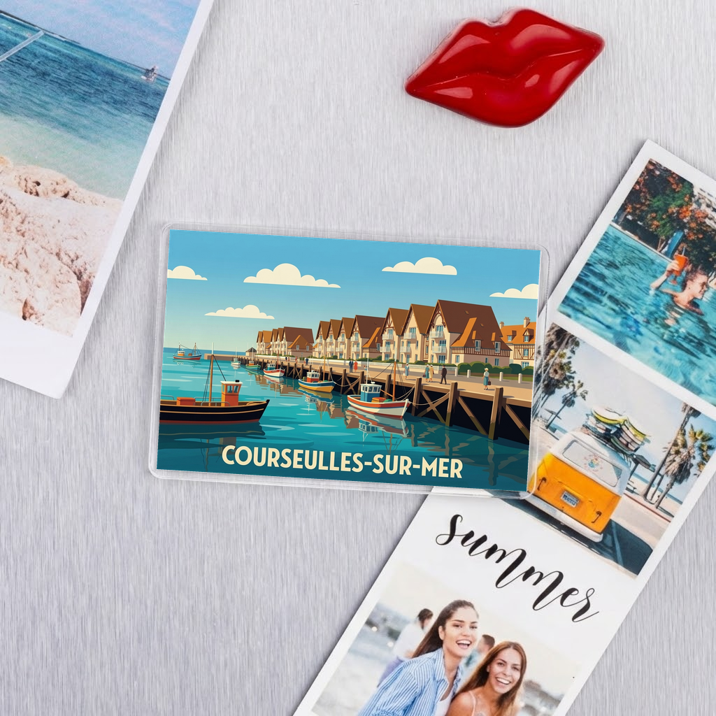 Magnet souvenir de la ville de Courseulles-sur-Mer avec une illustration stylisée.