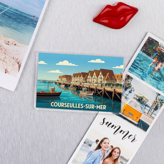 Magnet souvenir de la ville de Courseulles-sur-Mer avec une illustration stylisée.