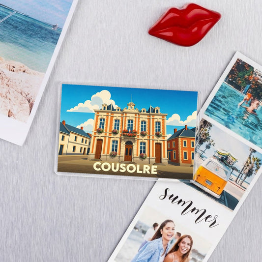 Magnet souvenir de la ville de Cousolre avec une illustration stylisée de son hôtel de ville.