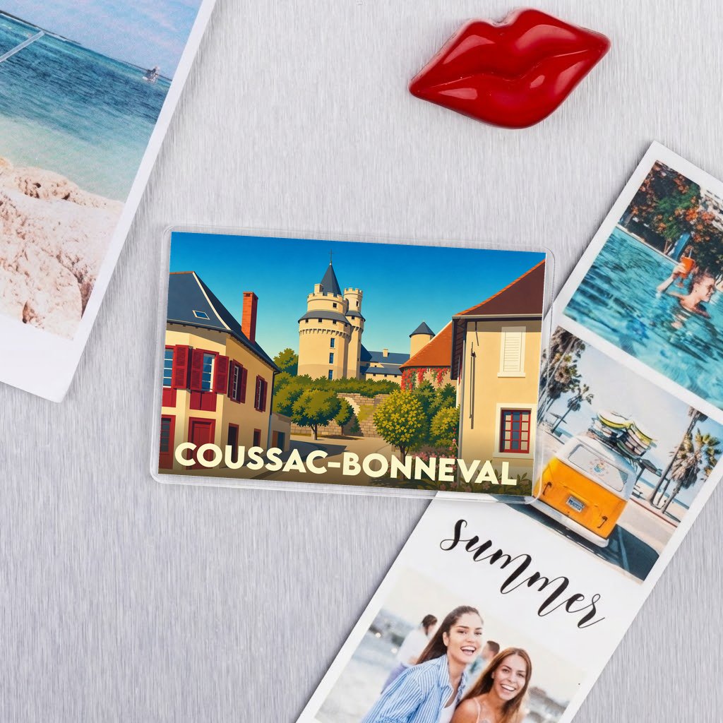Magnet souvenir de la ville de Coussac-Bonneval avec une illustration stylisée de son château.