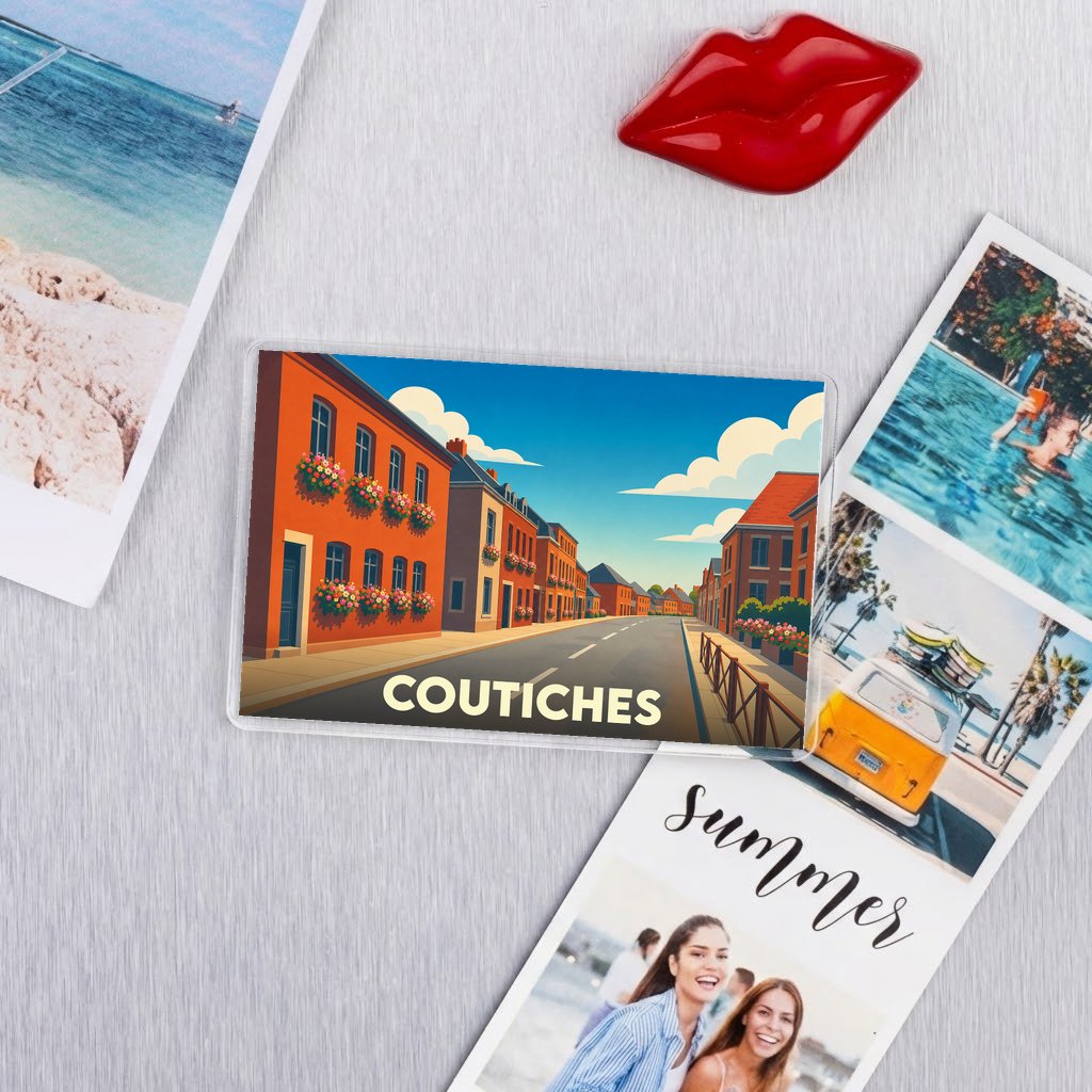 Magnet souvenir de la ville de Coutiches avec une illustration stylisée d'une rue fleurie.