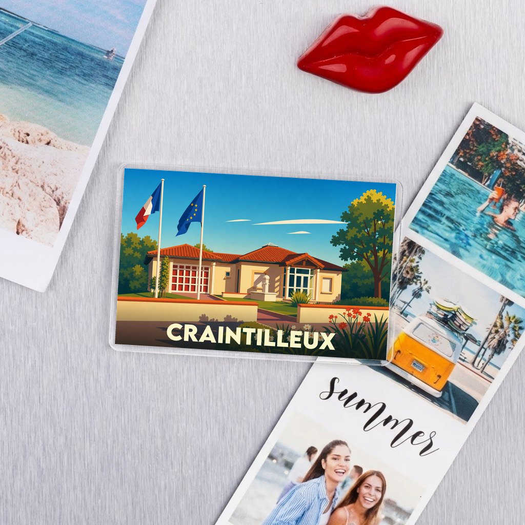Magnet souvenir de la ville de Craintilleux avec une illustration stylisée.