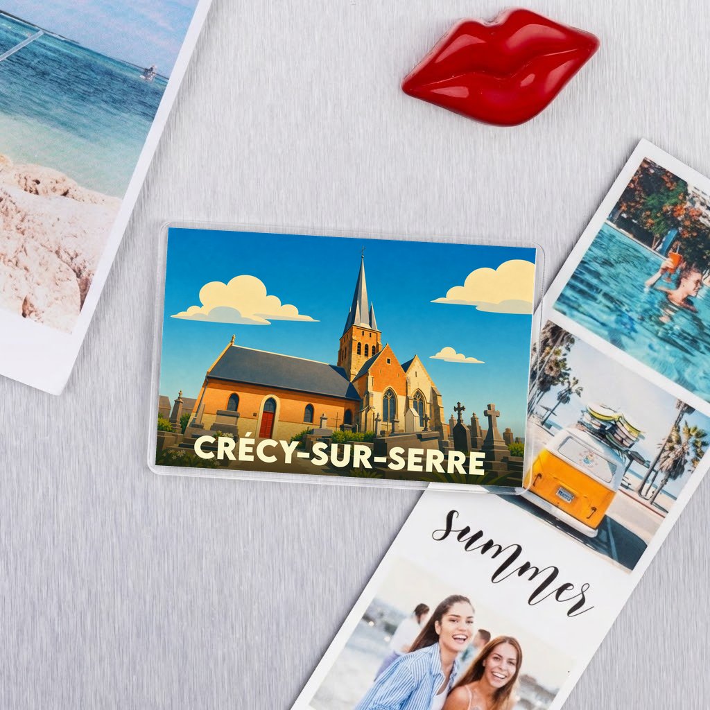 Magnet souvenir de la ville de Crécy-sur-Serre avec une illustration stylisée d'une église.