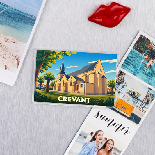 Magnet souvenir de la ville de Crevant avec une illustration stylisée d'une église.