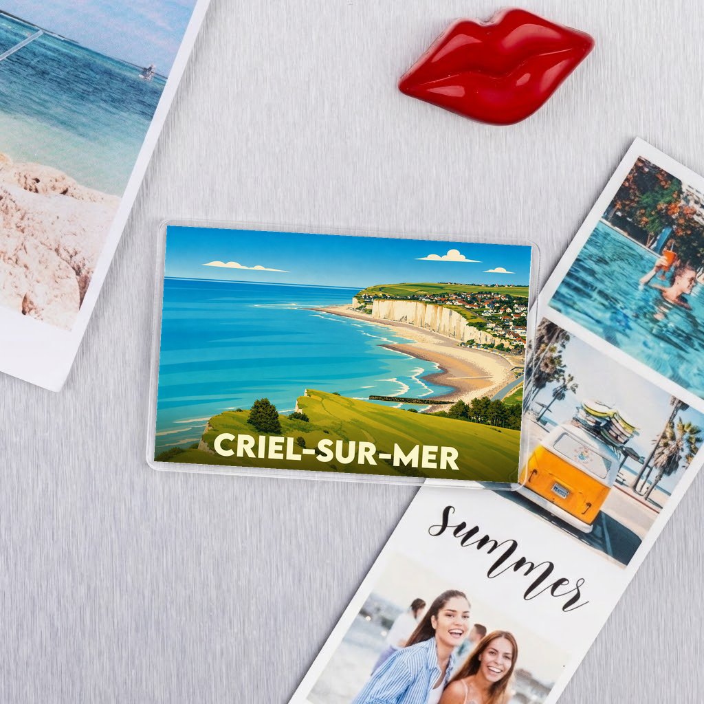 Magnet souvenir de la ville de Criel-sur-Mer avec une illustration stylisée de ses falaises.