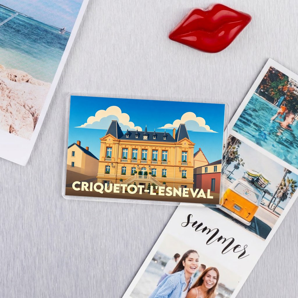 Magnet souvenir de la ville de Criquetot-l'Esneval avec une illustration stylisée de son architecture.