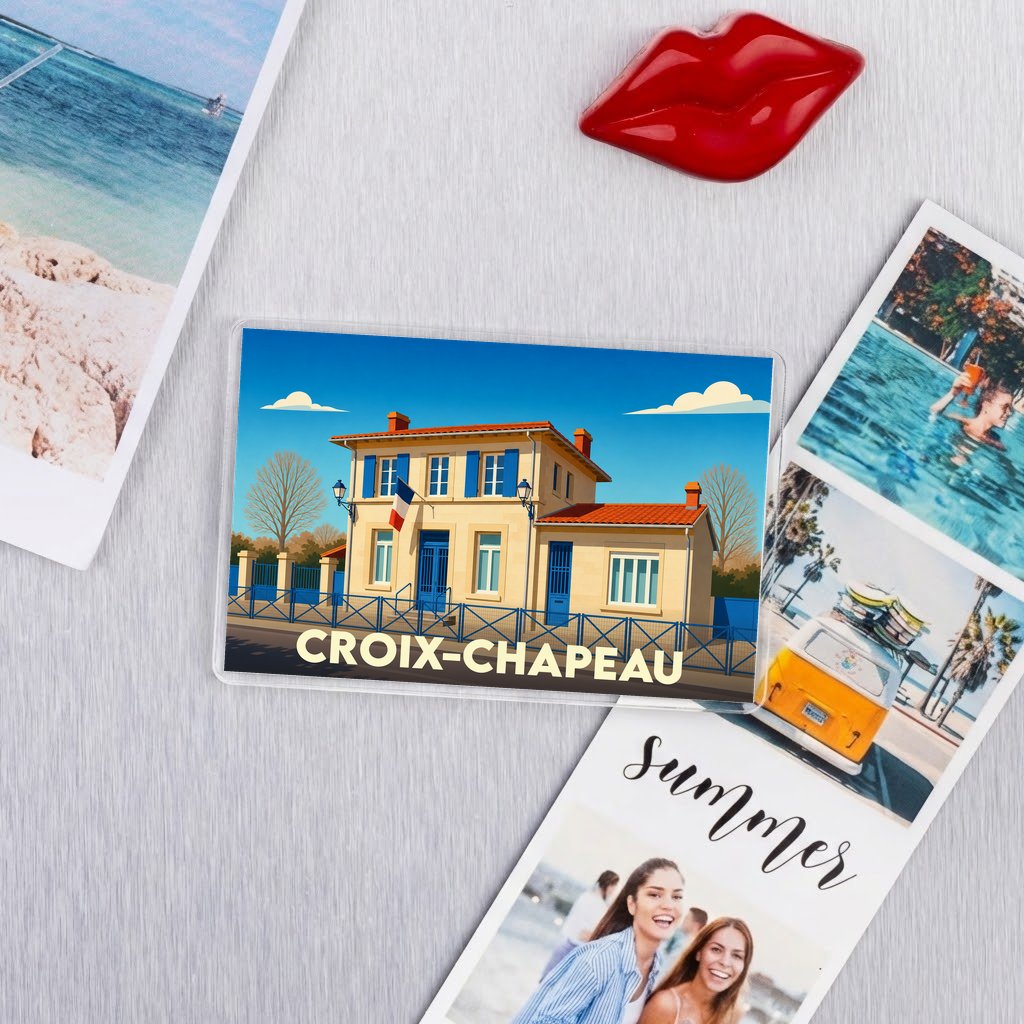 Magnet souvenir de la ville de Croix-Chapeau avec une illustration stylisée de sa mairie.