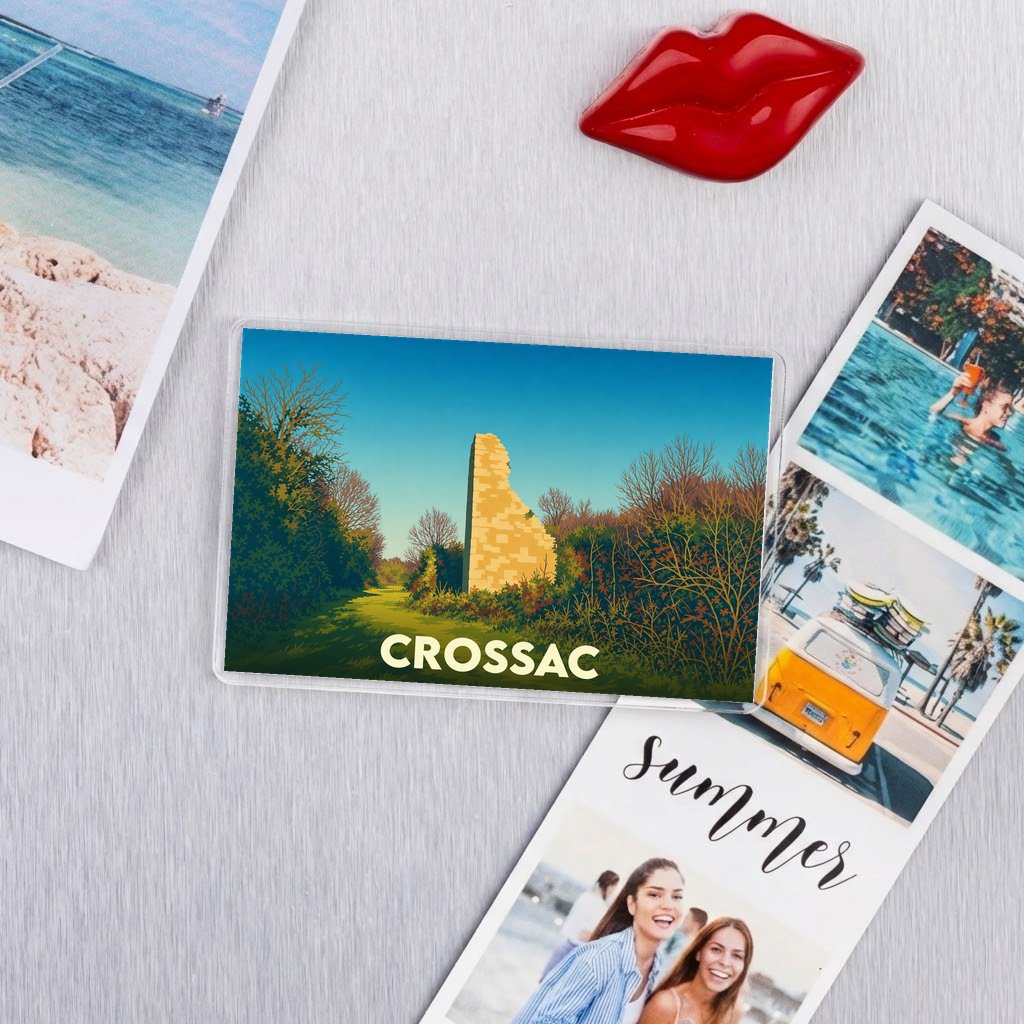 Magnet souvenir de la ville de Crossac avec une illustration stylisée des ruines d'un château.