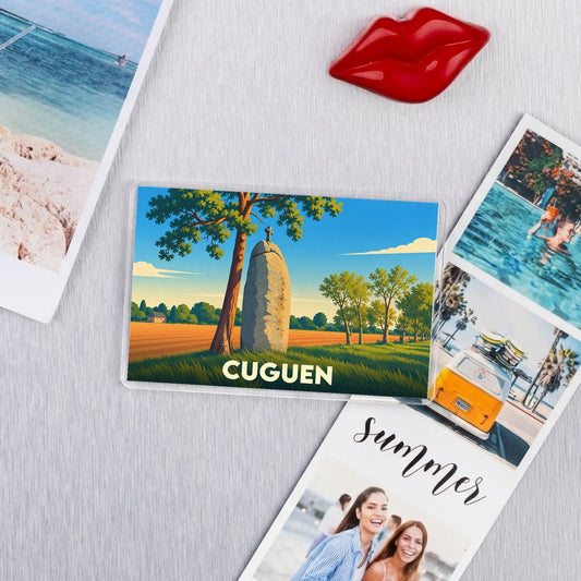 Magnet souvenir de la ville de Cuguen avec une illustration stylisée d'un menhir.