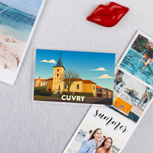 Magnet souvenir de la ville de Cuvry avec une illustration stylisée de son église.