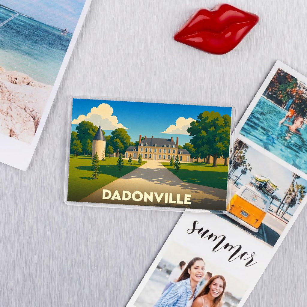 Magnet souvenir de la ville de Dadonville avec une illustration stylisée d'un château.