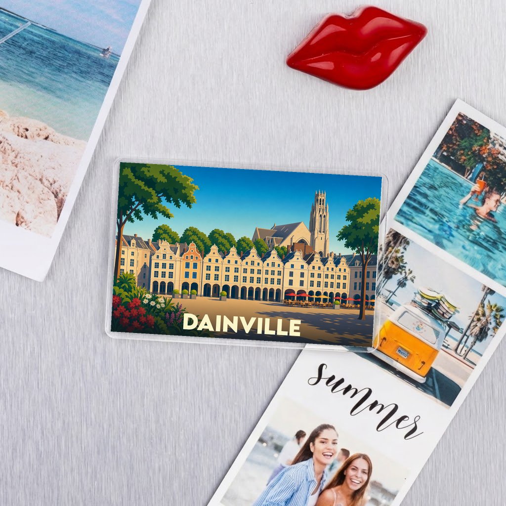 Magnet souvenir de la ville de Dainville avec une illustration stylisée de son architecture.