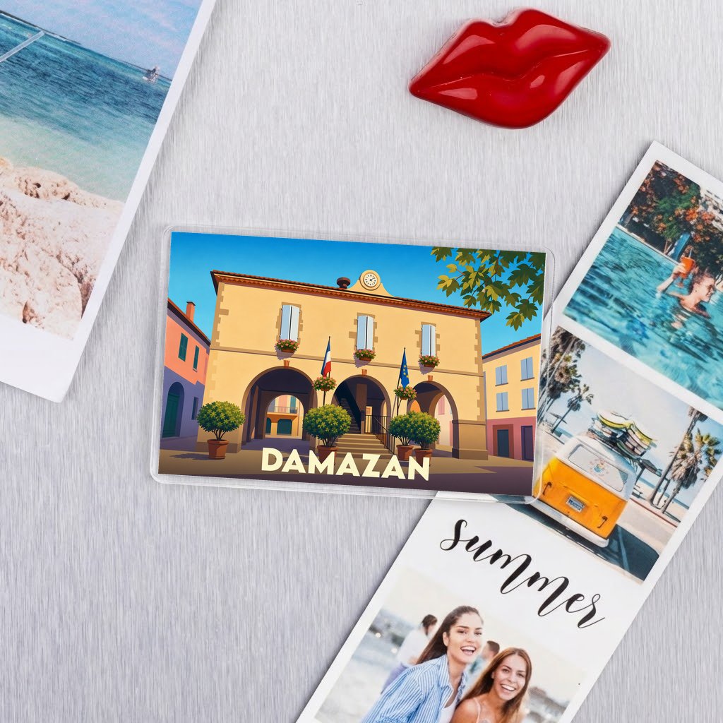 Magnet souvenir de la ville de Damazan avec une illustration stylisée de son hôtel de ville.