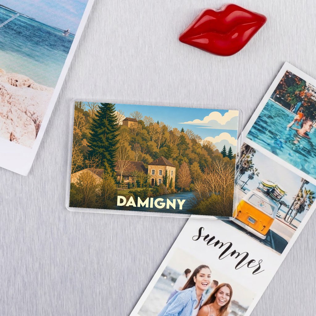 Magnet souvenir de la ville de Damigny avec une illustration stylisée de ses paysages.