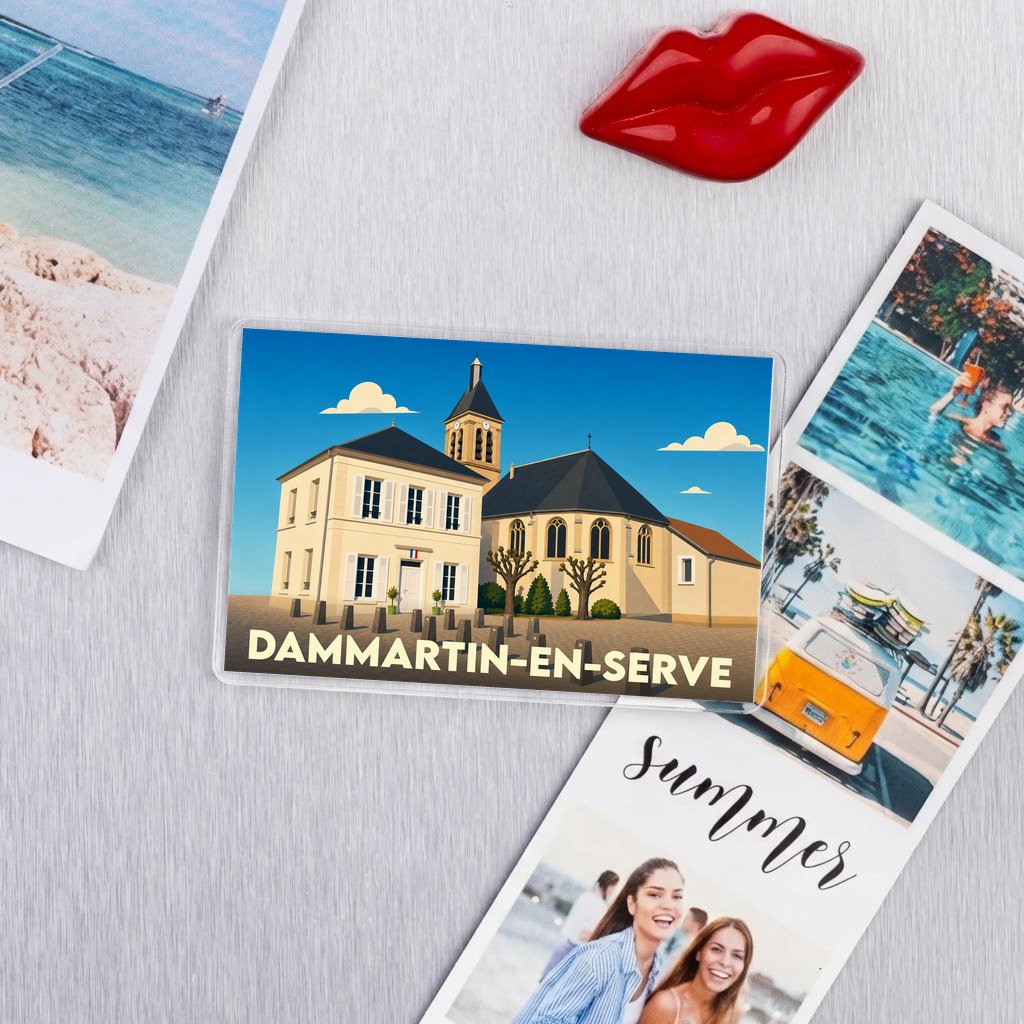 Magnet souvenir de la ville de Dammartin-en-Serve avec une illustration stylisée de sa mairie et de son église.