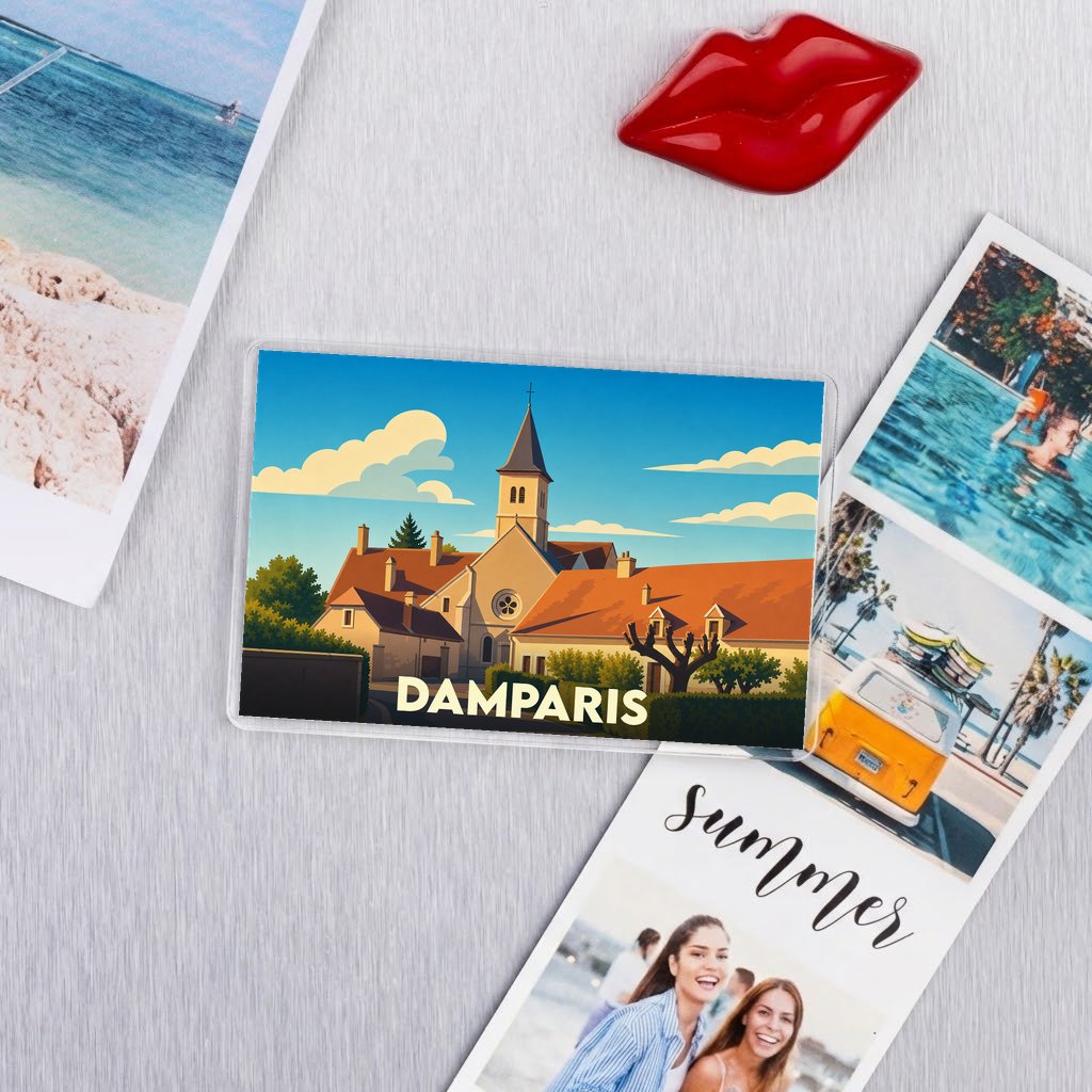 Magnet souvenir de la ville de Damparis avec une illustration stylisée de son église.