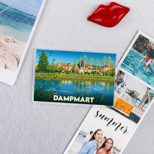 Magnet souvenir de la ville de Dampmart avec une illustration stylisée des bords de Marne.