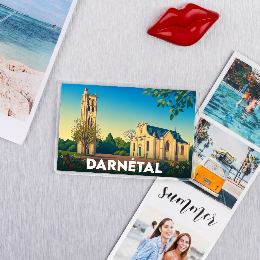 Magnet souvenir de la ville de Darnétal avec une illustration stylisée d'un monument historique.