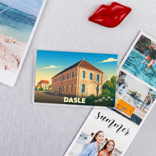 Magnet souvenir de la ville de Dasle avec une illustration stylisée.