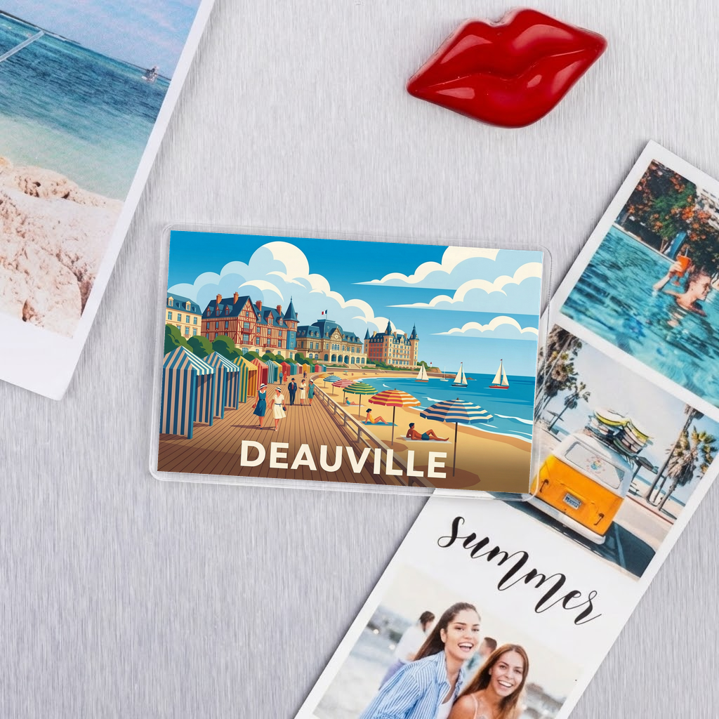 Magnet souvenir de la ville de Deauville avec une illustration stylisée de son front de mer.