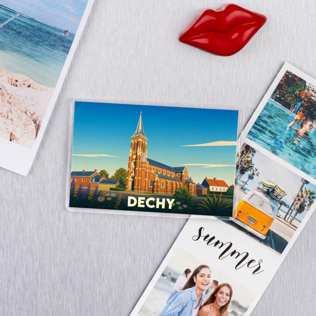Magnet souvenir de la ville de Dechy avec une illustration stylisée de son église.