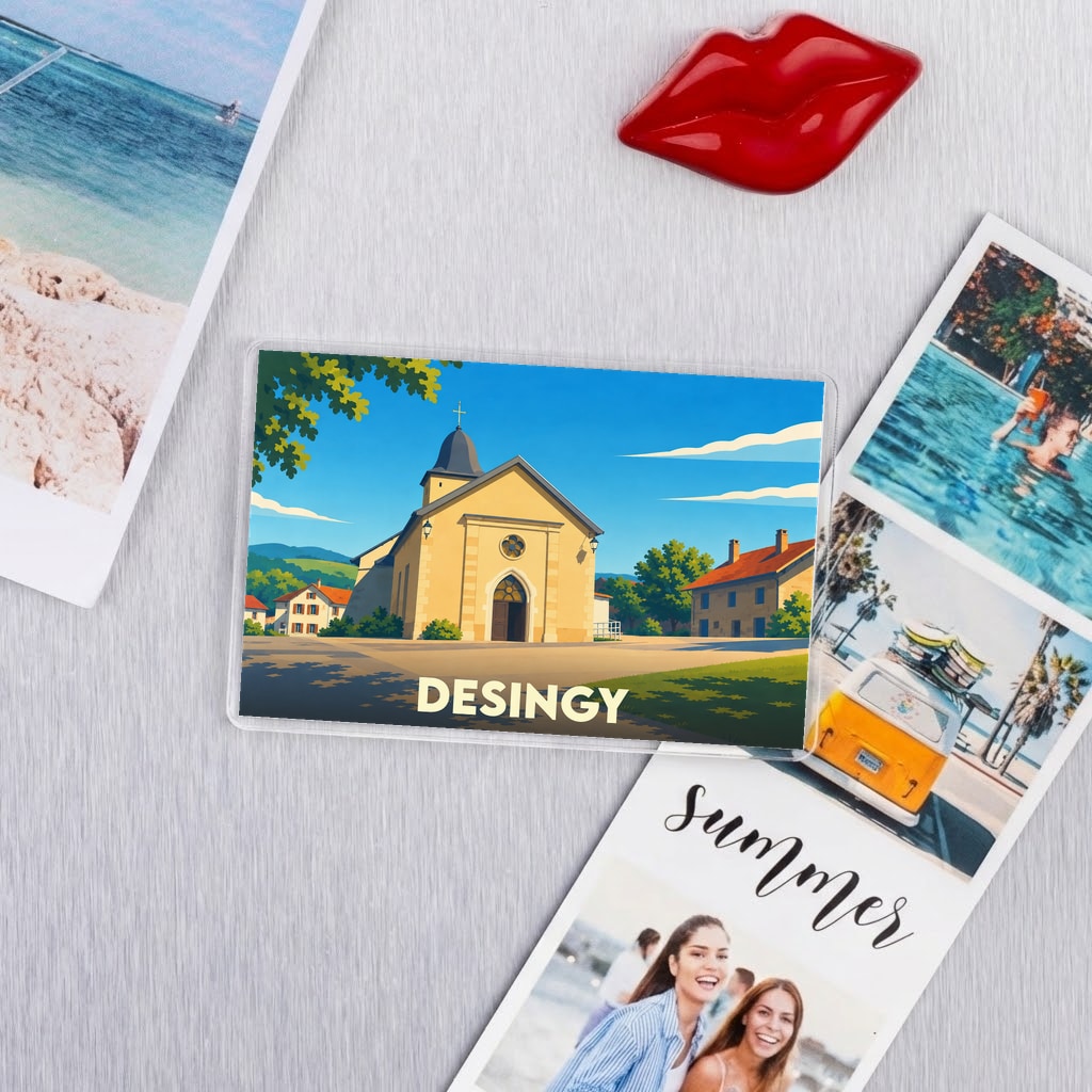 Magnet souvenir de la ville de Desingy avec une illustration stylisée d'une église.