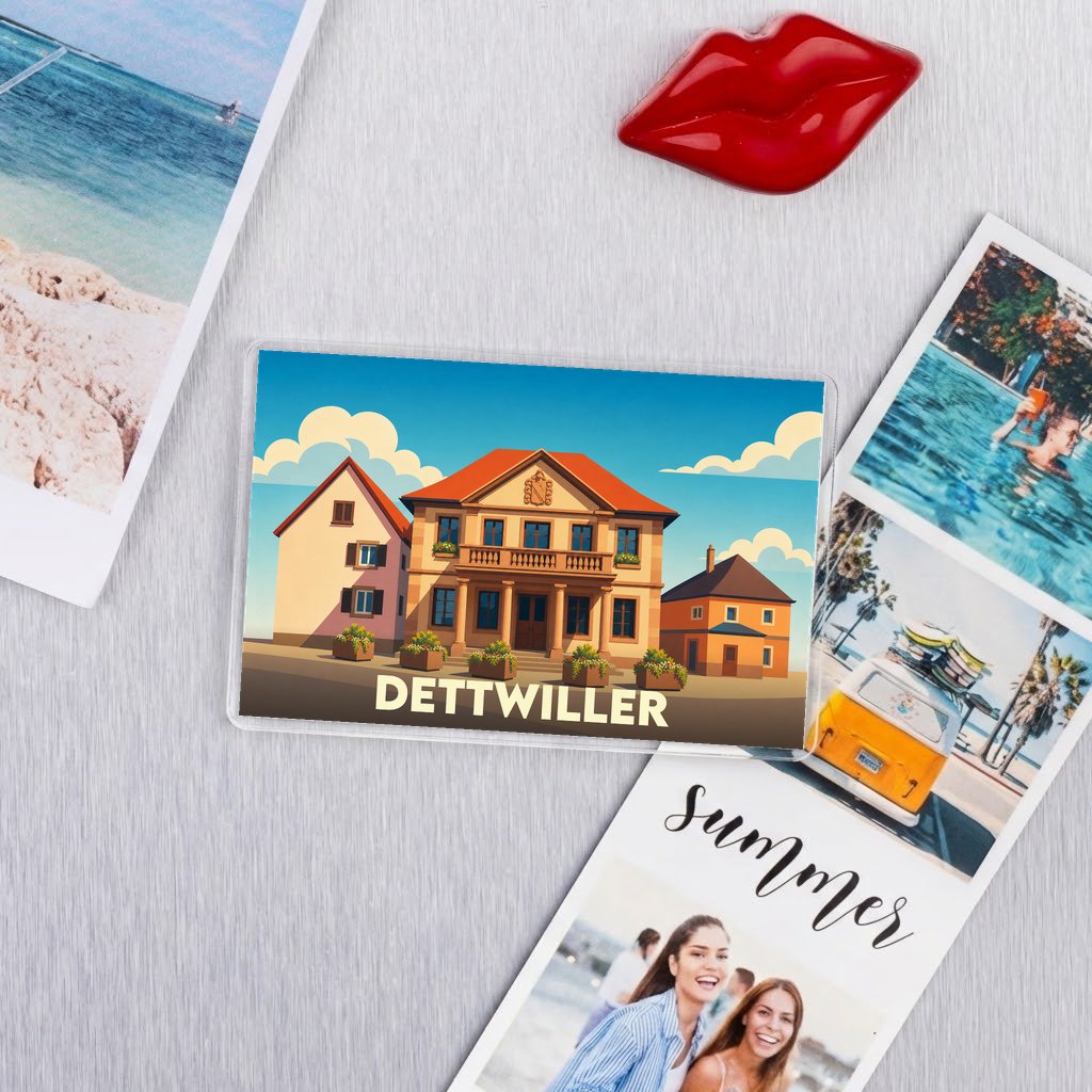Magnet souvenir de la ville de Dettwiller illustré par un dessin stylisé de sa mairie.