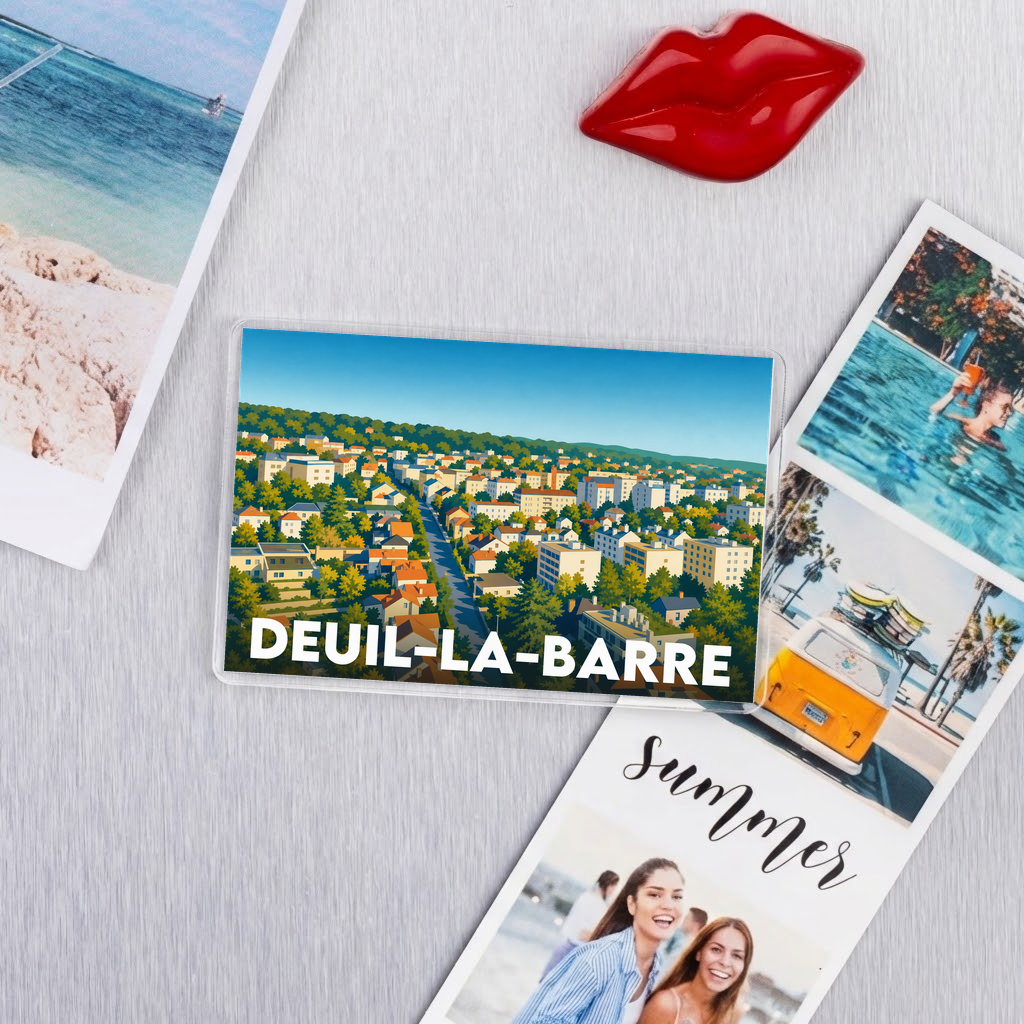 Magnet souvenir de la ville de Deuil-la-Barre avec une illustration panoramique stylisée.
