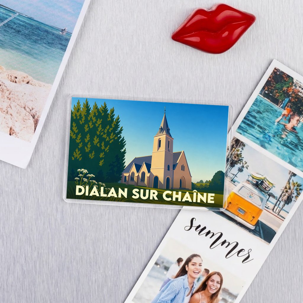 Magnet souvenir de la ville de Dialan sur Chaîne avec une illustration stylisée d'une église.