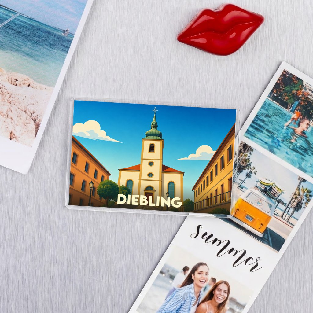 Magnet souvenir de la ville de Diebling avec une illustration stylisée de son église.