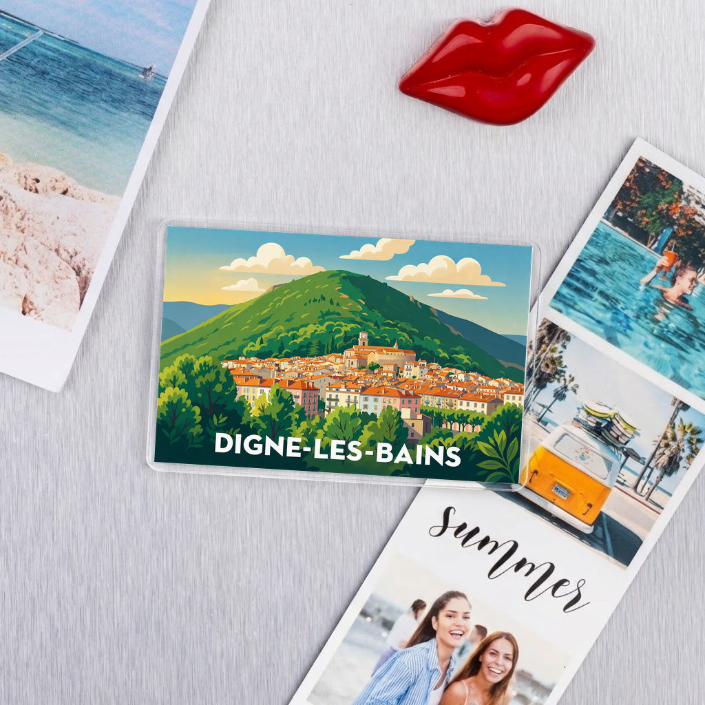 Magnet souvenir de la ville de Digne-les-Bains avec une illustration stylisée.