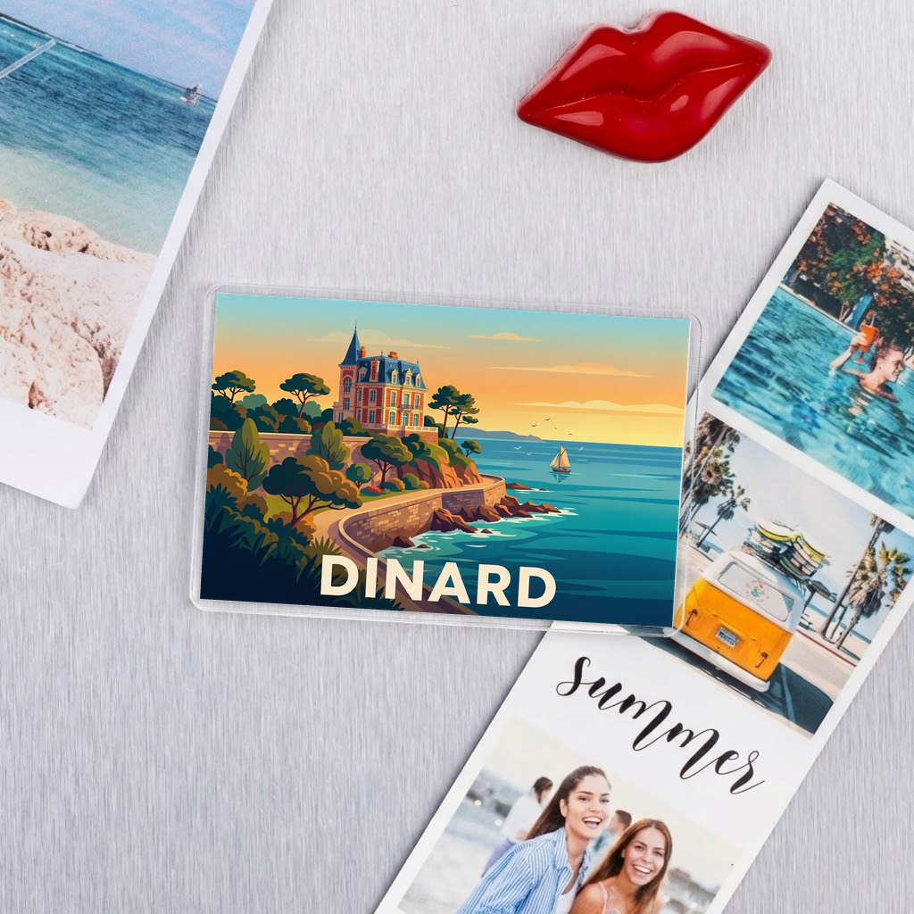 Magnet souvenir de la ville de Dinard avec une illustration stylisée d'une villa en bord de mer.