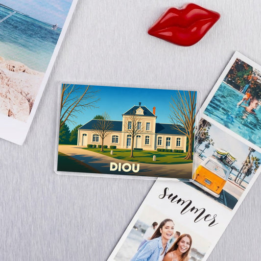 Magnet souvenir de la ville de Diou avec une illustration stylisée de sa mairie.