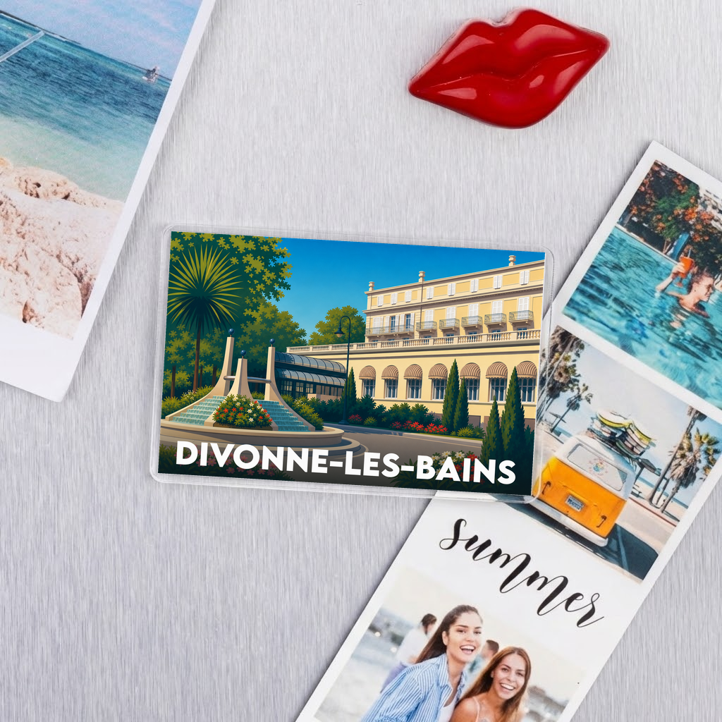 Magnet souvenir de la ville de Divonne-les-Bains avec une illustration stylisée d'un bâtiment classique et d'une fontaine.