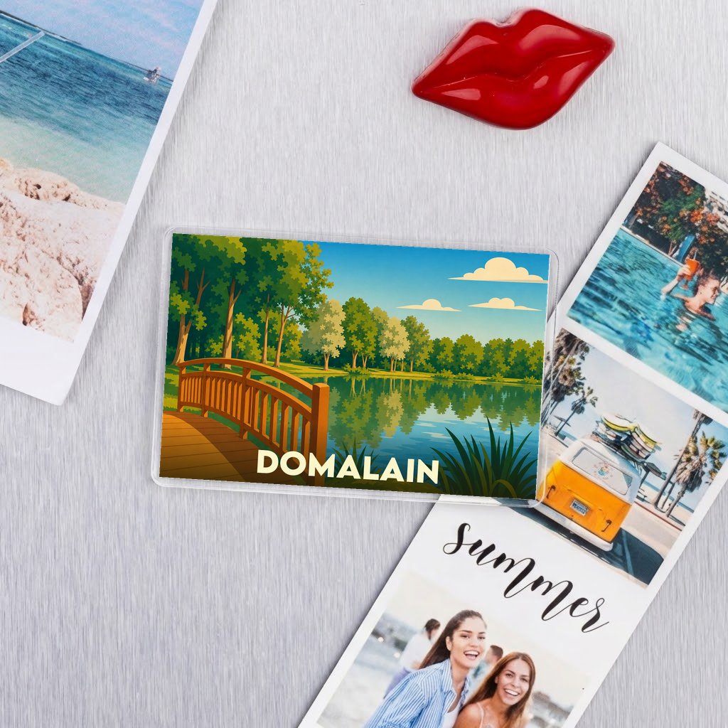 Magnet souvenir de la ville de Domalain illustrant un pont en bois au bord d'un lac.
