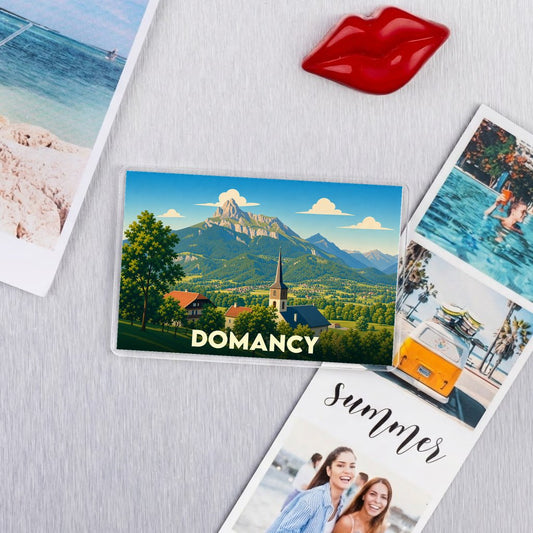 Magnet souvenir de la ville de Domancy avec une illustration de paysage de montagne.