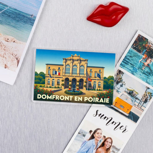 Magnet souvenir de la ville de Domfront en Poiraie avec une illustration stylisée de son hôtel de ville.