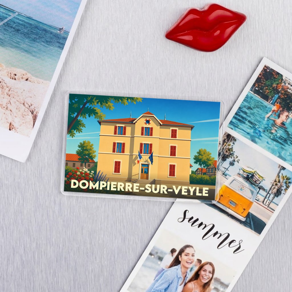 Magnet souvenir de la ville de Dompierre-sur-Veyle avec une illustration stylisée de sa mairie.