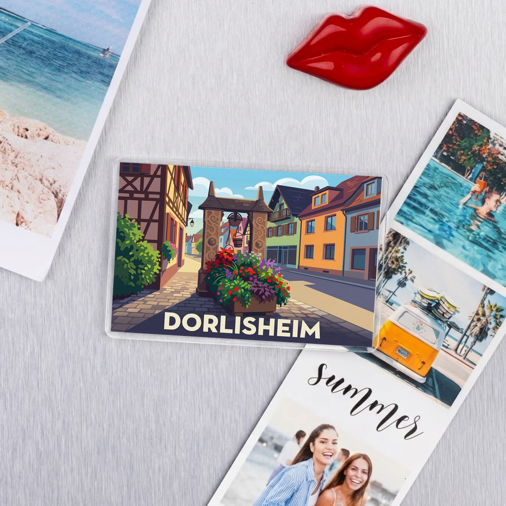 Magnet souvenir de la ville de Dorlisheim avec une illustration stylisée.