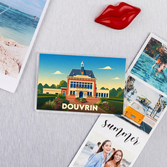 Magnet souvenir de la ville de Douvrin avec une illustration stylisée de son hôtel de ville.