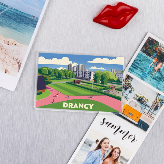 Magnet souvenir de la ville de Drancy avec une illustration stylisée.