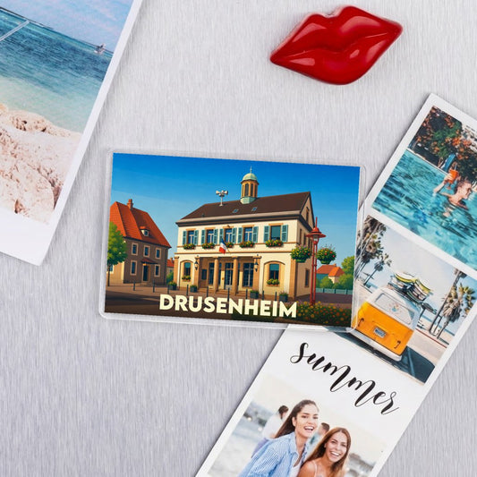 Magnet souvenir de la ville de Drusenheim avec une illustration stylisée de son hôtel de ville.