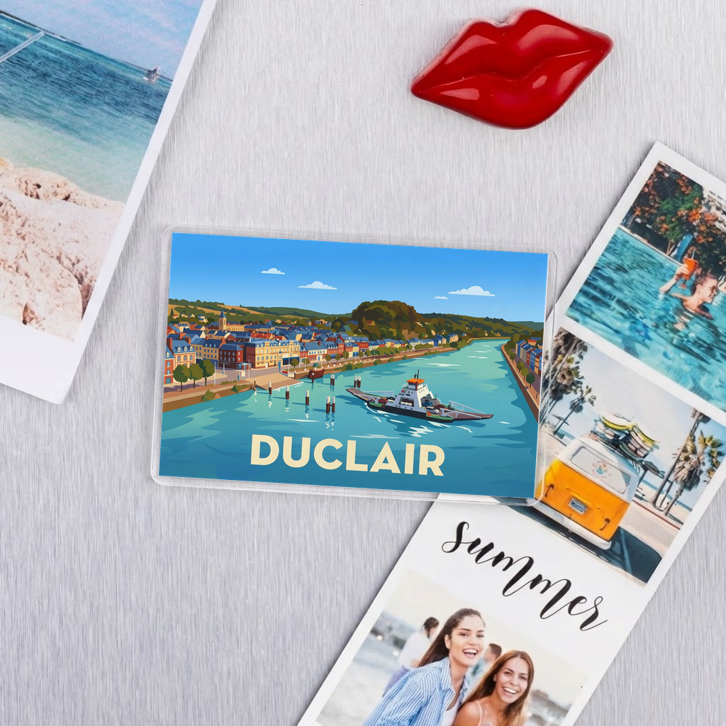 Magnet souvenir de la ville de Duclair avec une illustration stylisée.