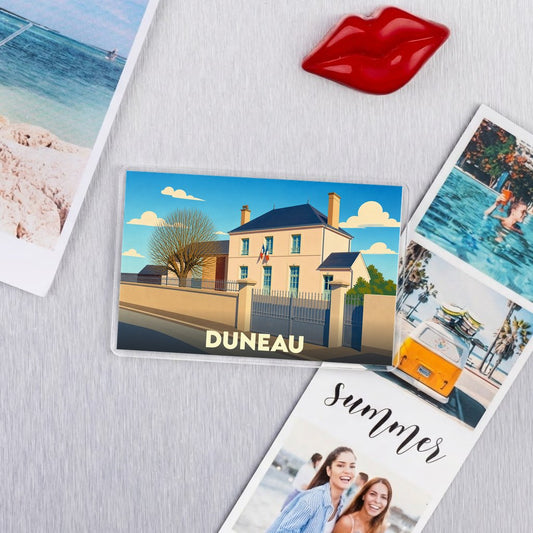 Magnet souvenir de la ville de Duneau avec une illustration stylisée de la mairie.