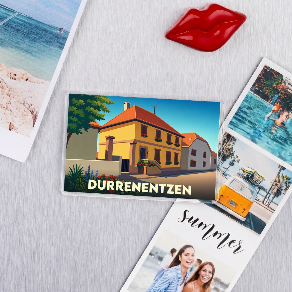 Magnet souvenir de la ville de Durrenentzen avec une illustration stylisée.