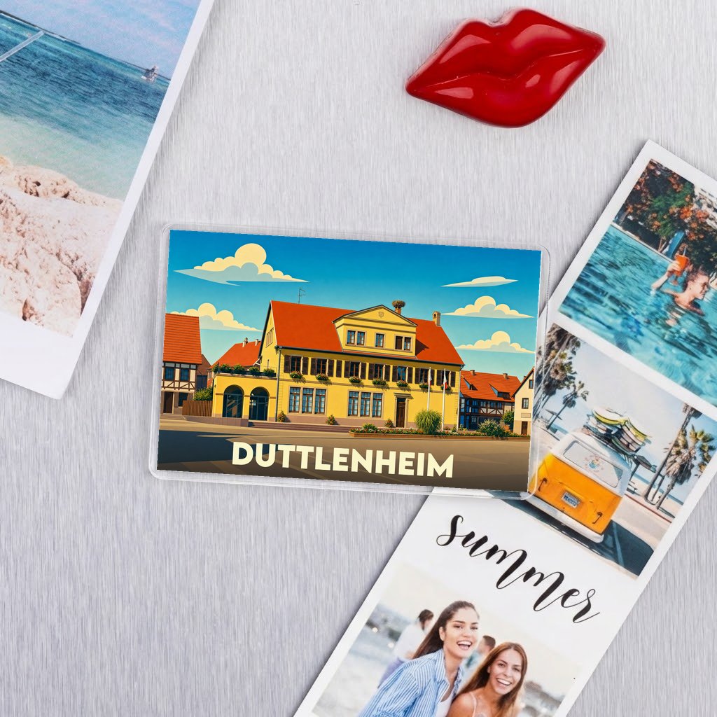 Magnet souvenir de la ville de Duttlenheim avec une illustration stylisée.