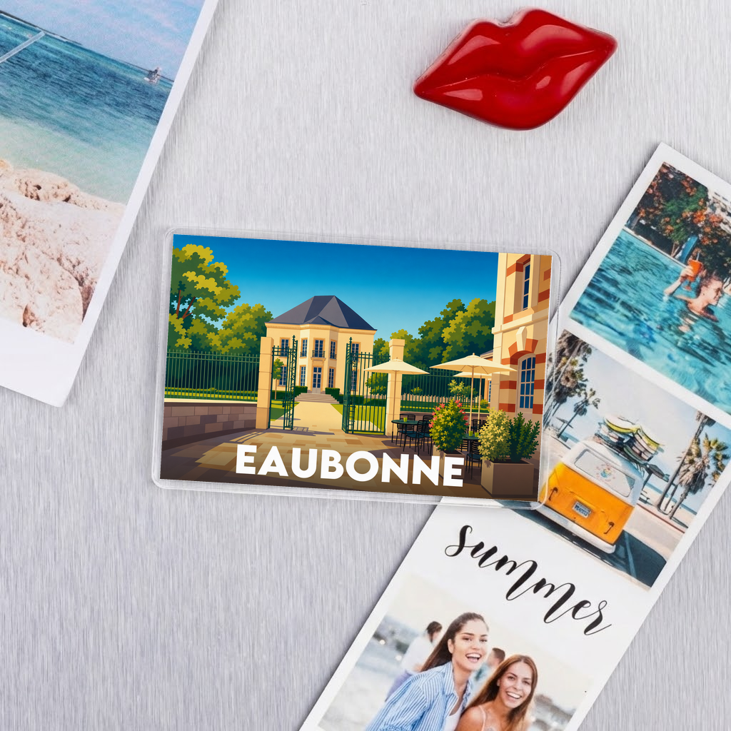Magnet souvenir de la ville d'Eaubonne avec une illustration stylisée.