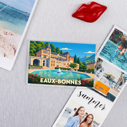 Magnet souvenir de la ville de Eaux-Bonnes avec une illustration colorée et stylisée.