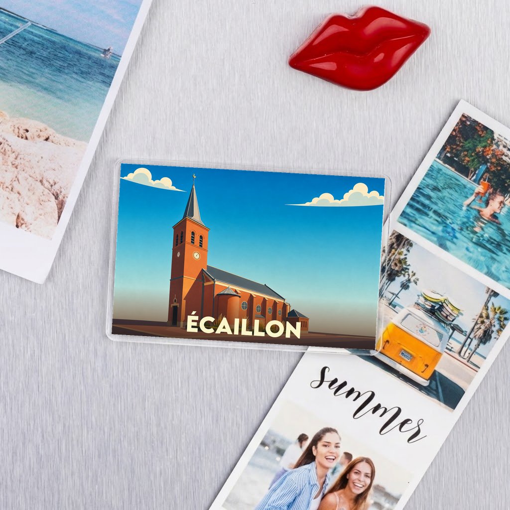 Magnet souvenir de la ville d'Écaillon avec une illustration stylisée de son église.